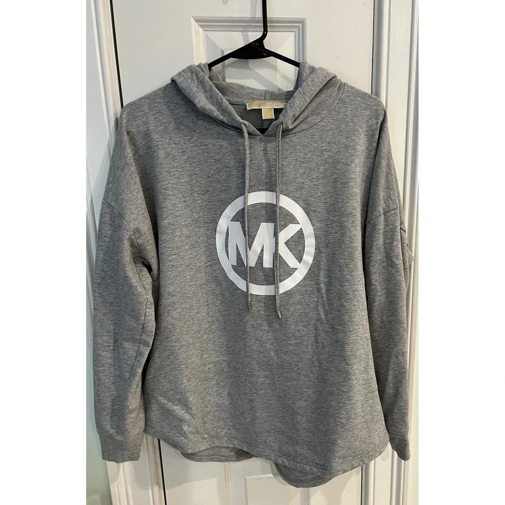 Michael Kors Women Gray MK Circle Logo Hoodie Sweatshirt Large Heathered Gray